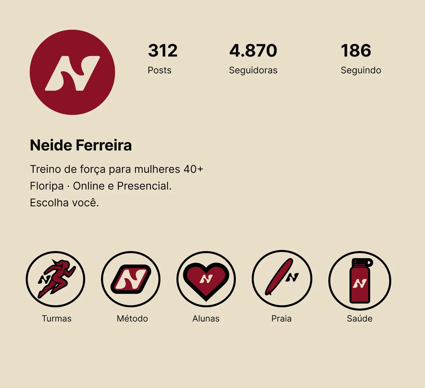 Perfil de rede social: 312 posts, 4.870 seguidoras, destaques com ícones da marca.